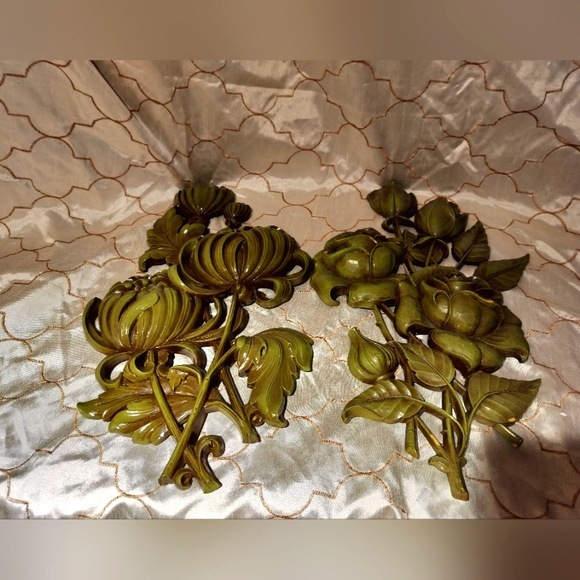 Rare Pair Vintage 1962 Syroco Flower Wall Hanging Plaque A-4460 & B-4460 Floral - Picture 1 of 10